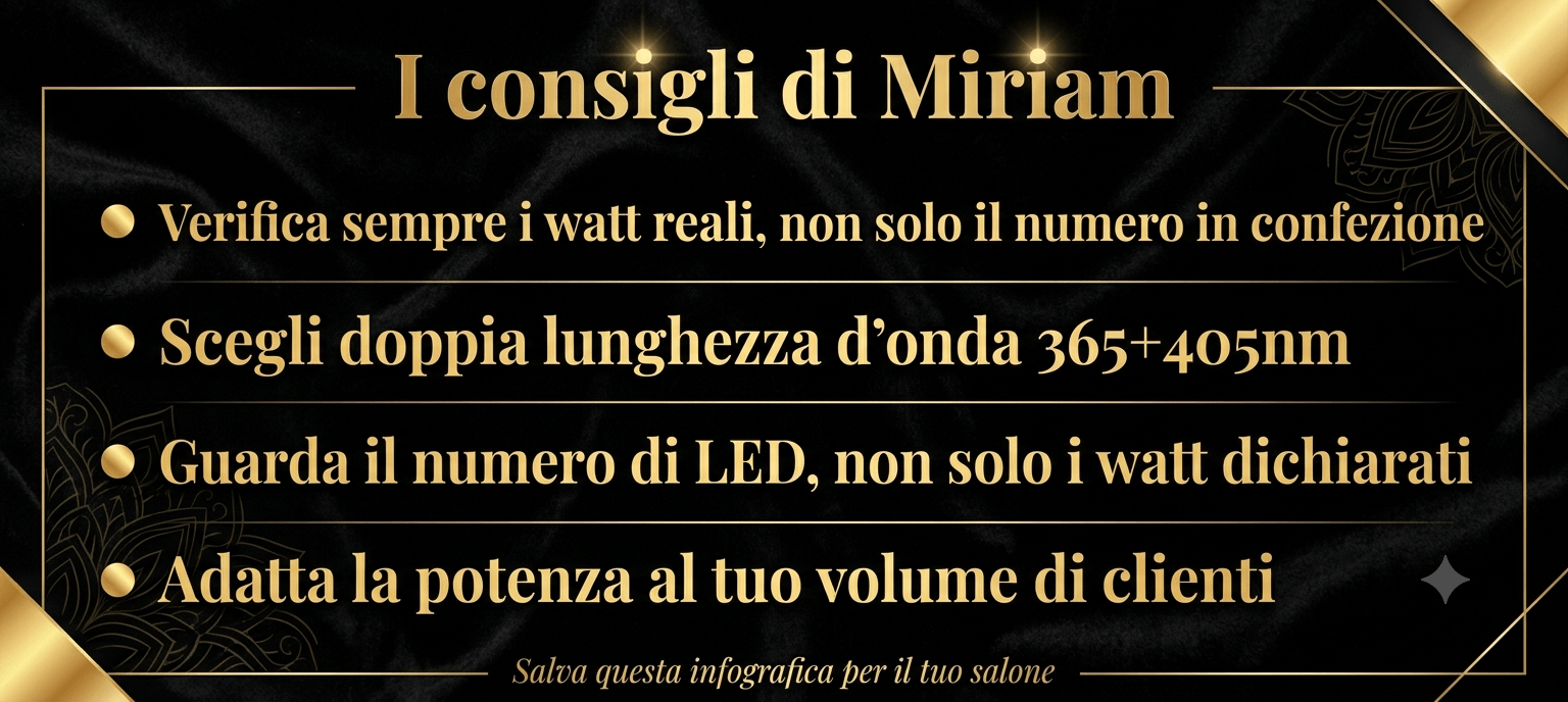 Infografica con i consigli di Miriam Barca su come scegliere potenza e lunghezza d'onda della lampada UV LED per unghie